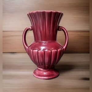 Vintage SHAWNEE USA POTTERY Burgundy Double Handle Ribbed Vase  1950's